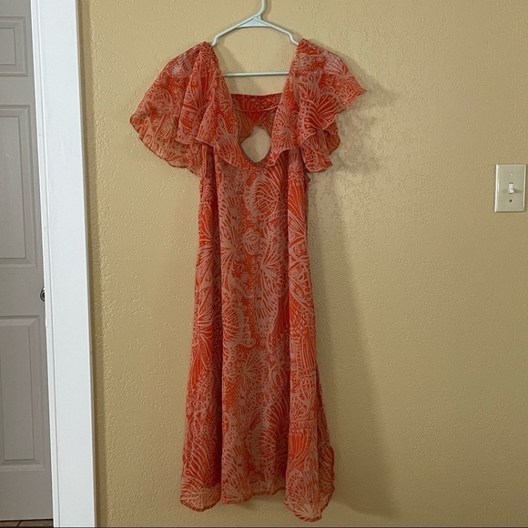 Free People SMALL Orange Peach Butterfly Dress ruffle sleeve slits lined Rare - Picture 1 of 9